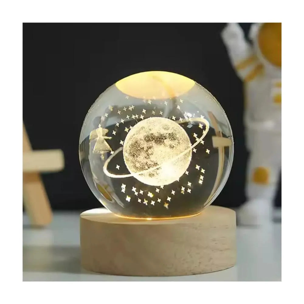 Lámpara Bola De Cristal 3D Planeta Tierra – Luz LED Ambiental Con Base De Madera Real Casa Prática