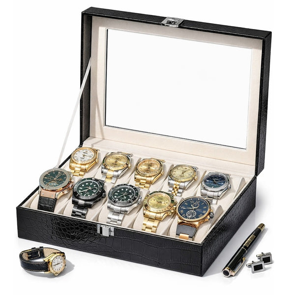 Caja Organizadora De Relojes Premium x12 Puestos – Estuche Elegante En Cuero Y Vidrio Casa Prática